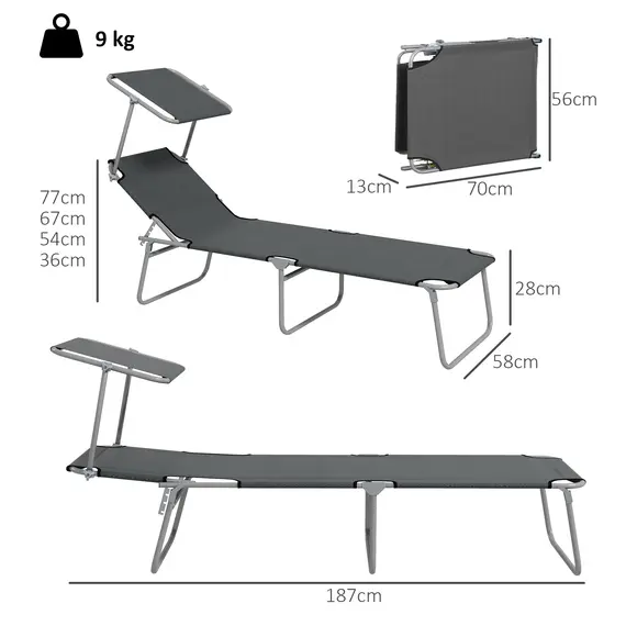 Buy Outsunny Folding Sun Lounger Set of 2 with Canopy, Reclining Sunbed with 4-Position Adjustable Backrest, 600D Oxford Cloth, Portable Garden Lounger Recliner Chair for Beach, Camping, Patio, Grey, 3 image