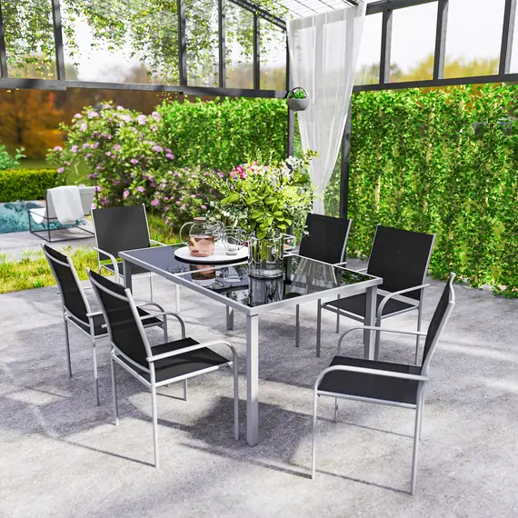 Buy 7 Piece Outdoor Garden Dining Set with Table and 6 Stackable Chairs, Steel Frame, Tempered Glass Top, Mesh Seats, Black, 7 image