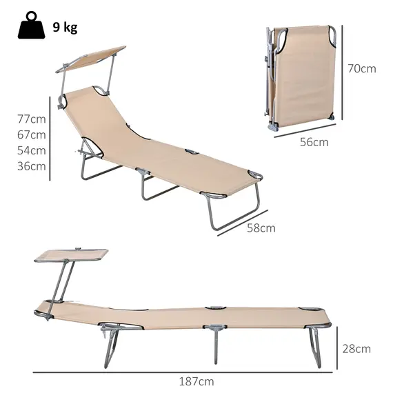 Buy Outsunny Folding Sun Lounger Set of 2 with Canopy, Reclining Sunbed with 4-Position Adjustable Backrest, 600D Oxford Cloth, Portable Garden Lounger Recliner Chair for Beach, Camping, Patio, Sand, 3 image
