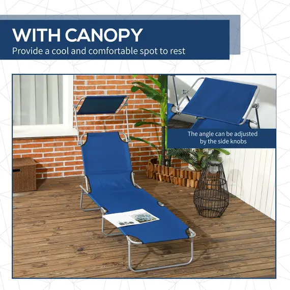 Buy Outsunny Folding Sun Lounger Set of 2 with Canopy, Reclining Sunbed with 4-Position Adjustable Backrest, 600D Oxford Cloth, Portable Garden Lounger Recliner Chair for Beach, Camping, Patio, Blue, 6 image