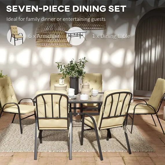 Buy Seven-Piece Garden Dining Set with Ripple Tempered Glass Tabletop and Full-size Cushions - Beige, 5 image