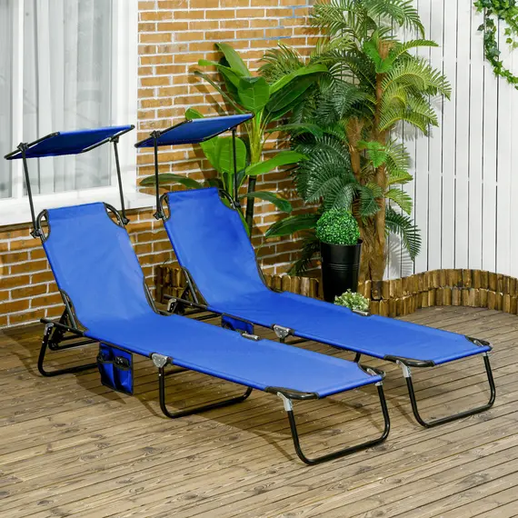 Buy Outsunny Set of Two Folding Sun Loungers, with Adjustable Backs and Sun Canopies - Blue, 2 image