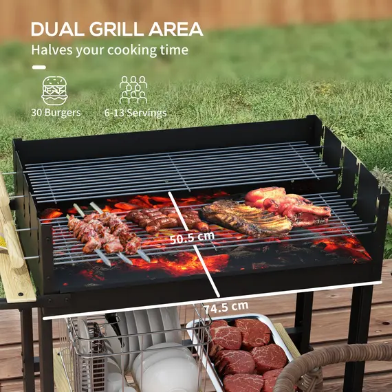 Buy Outsunny Charcoal BBQ Grill, Barbecue Trolley with Double Adjustable Grill, Side Table, Storage Shelf and Wheels for Outdoor Garden Party Cooking, Black, 4 image