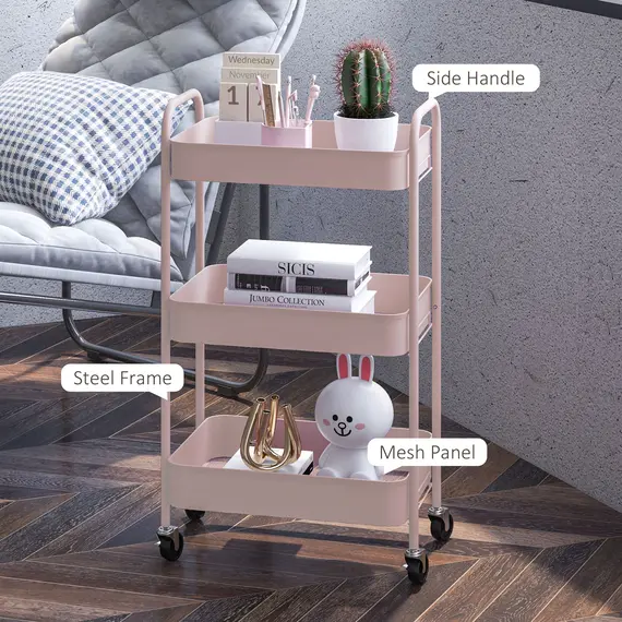 Buy HOMCOM Three-Tier Steel Storage Trolley - Pink, 6 image