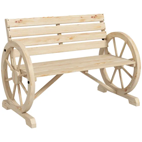 Buy Wagon Wheel Chair Bench Armrest Rustic Loveseat Wood Outdoor Garden, Natural