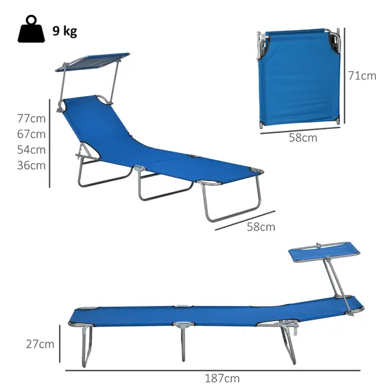 Buy Outsunny Folding Sun Lounger Set of 2 with Canopy, Reclining Sunbed with 4-Position Adjustable Backrest, 600D Oxford Cloth, Portable Garden Lounger Recliner Chair for Beach, Camping, Patio, Blue, 3 image