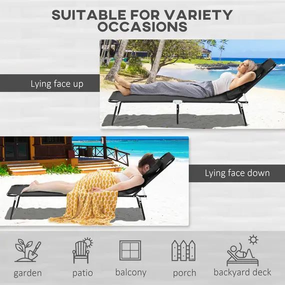 Buy Outsunny Folding Sun Loungers Set of 2 with Face Hole, 4-Position Adjustable Backrest Garden Recliner Chairs Sunbeds, Outdoor Lounge Chairs with 600 D Oxford Cloth Seat, Pillow for Beach, Black, 5 image