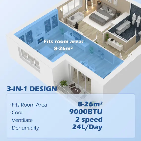 Buy HOMCOM 7,000 BTU Mobile Air Conditioner for Room up to 26m², with Dehumidifier, 24H Timer, Wheels, Window Mount Kit, 4 image