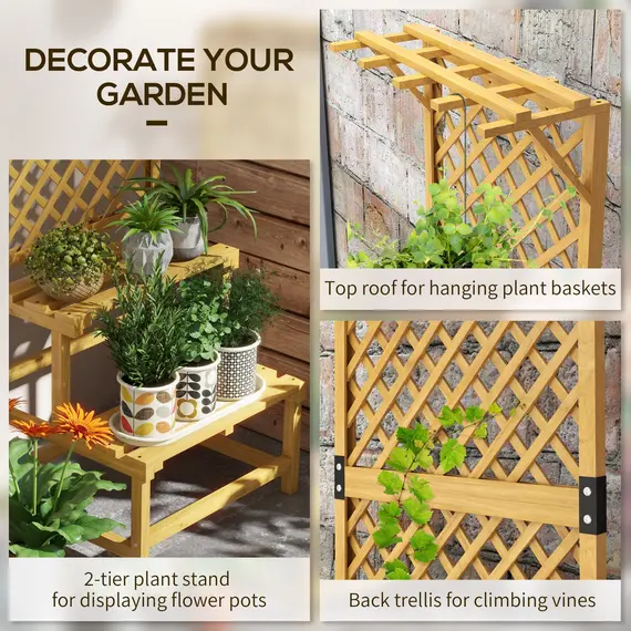 Buy Outsunny Wooden Plant Stand, with Trellis - Natural Finish, 4 image