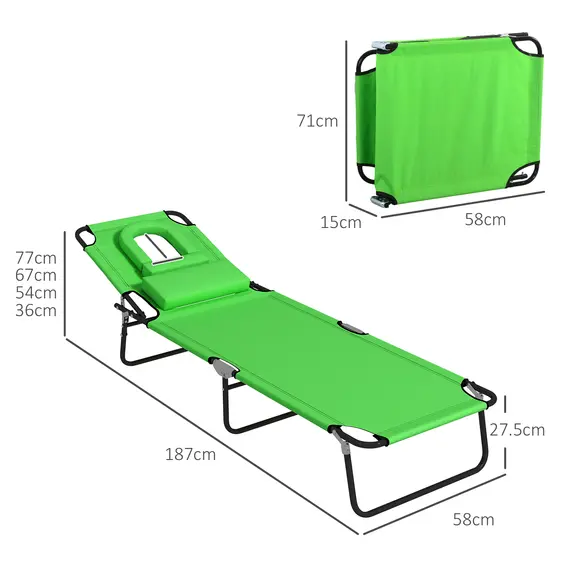Buy Outsunny Folding Sun Loungers Set of 2 with Face Hole, 4-Position Adjustable Backrest Garden Recliner Chairs Sunbeds, Outdoor Lounge Chairs with 600 D Oxford Cloth Seat, Pillow for Beach, Green, 3 image