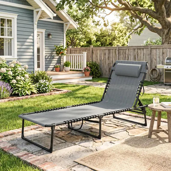 Buy Outsunny Folding Sun Lounger, with Four-Position Back - Light Grey, 9 image