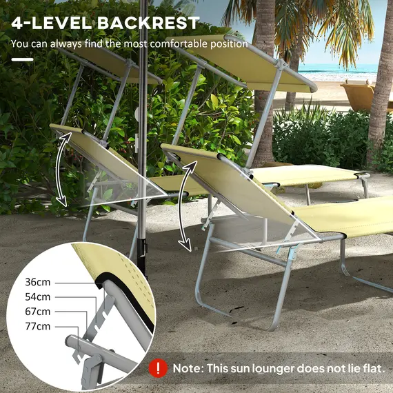 Buy Outsunny Folding Sun Lounger Set of 2 with Canopy, Reclining Sunbed with 4-Position Adjustable Backrest, 600D Oxford Cloth, Portable Garden Lounger Recliner Chair for Beach, Camping, Patio, Beige, 4 image