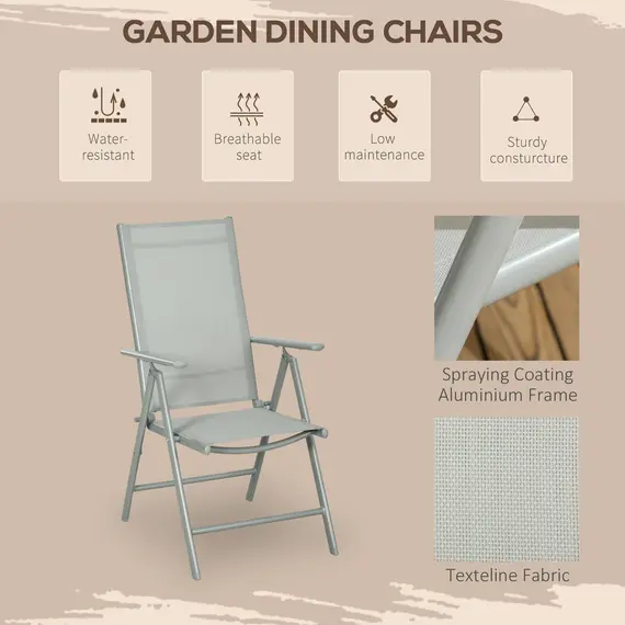 Buy 7 Piece Garden Dining Set, Outdoor Table and 6 Folding and Reclining Chairs, Aluminium Frame, Tempered Glass Top Table, Texteline Seats, Grey, 7 image