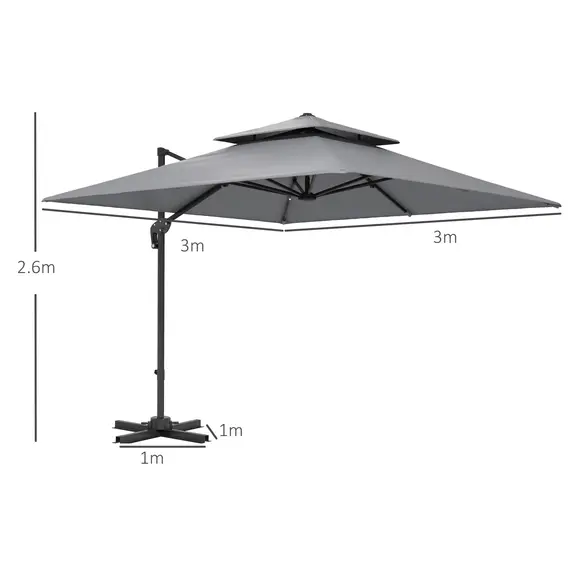 Buy Outsunny 3 x 3(m) Cantilever Parasol with Aluminium Frame, Crank and Tilt, 360-Degree Rotation, Double Top Garden Umbrella with Cover (Only Cross Base), Light Grey, 3 image
