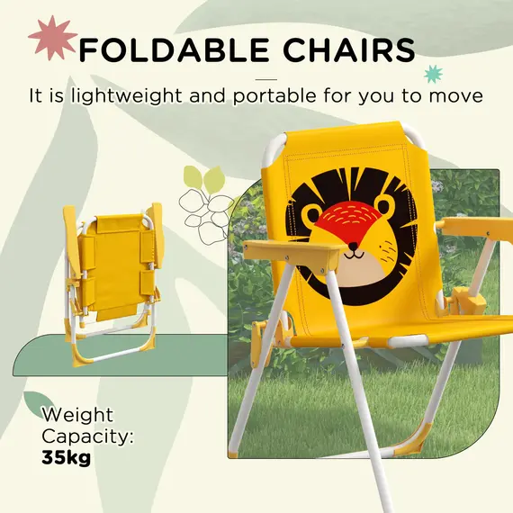 Buy Outsunny Kids Picnic Table and Chair Set, Lion Themed Outdoor Garden Furniture w/ Foldable Chairs, Adjustable Parasol - Yellow, 4 image