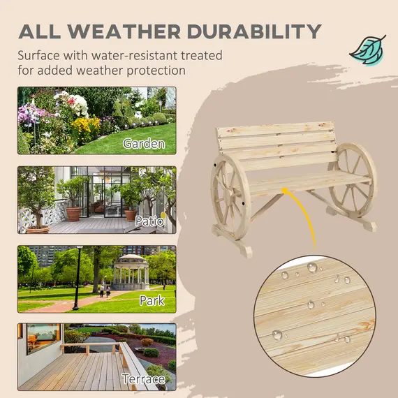 Buy Wagon Wheel Chair Bench Armrest Rustic Loveseat Wood Outdoor Garden, Natural, 6 image