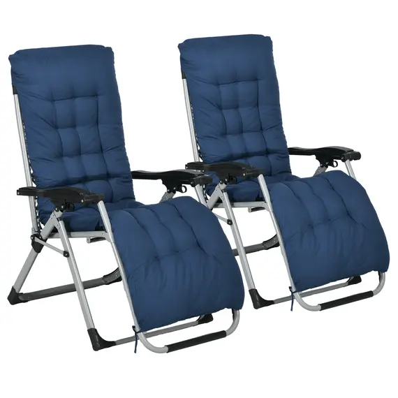 Buy Outsunny 2pc Reclining Zero Gravity Sun Loungers ,Folding Chaise Lounge Chair with Cushions, Blue