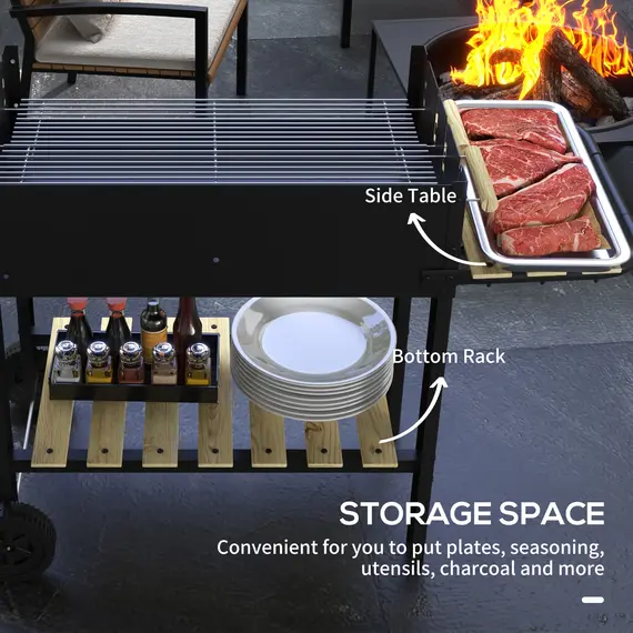 Buy Outsunny Charcoal BBQ Grill, Barbecue Trolley with Double Adjustable Grill, Side Table, Storage Shelf and Wheels for Outdoor Garden Party Cooking, Black, 6 image