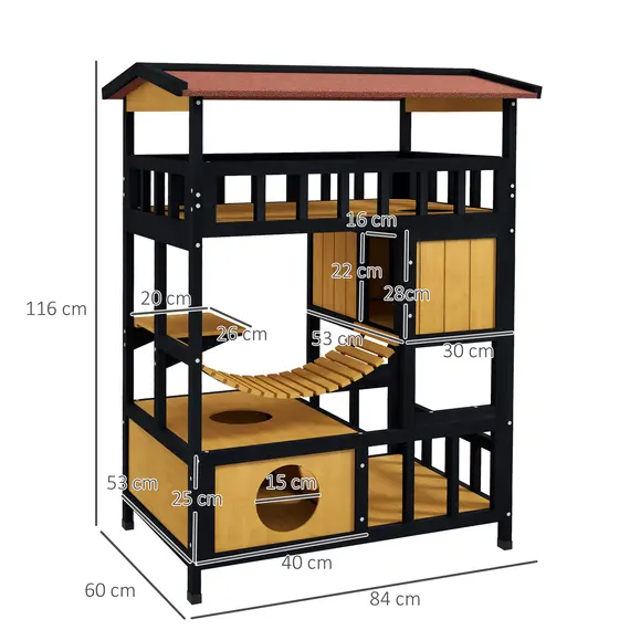Buy Outdoor Cat Shelter, Four-Tier Wooden Feral Cat House, with Suspension Bridge, Cat Houses, Balcony, Escape Doors, 3 image