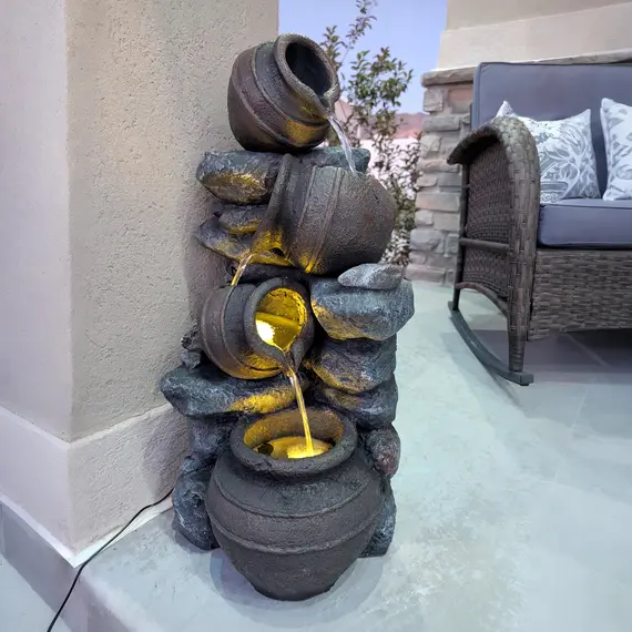 Buy Solar Powered Garden Water Feature with LED Lights and Pump, 4 Tier Cascading Water Fountain for Indoor/Outdoor, Jars Waterfall Ornament, 72cm Height, 8 image