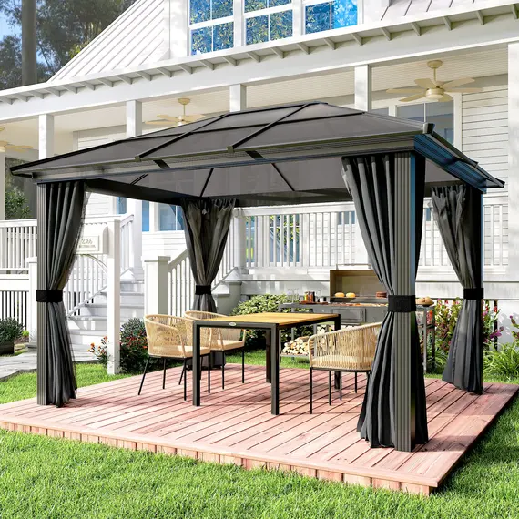 Buy Outsunny 3 x 3.6m Hardtop Gazebo Canopy with Polycarbonate Roof, Aluminium Frame, Permanent Pavilion Garden Gazebo with Netting and Curtains for Patio, Deck, Dark Grey, 8 image
