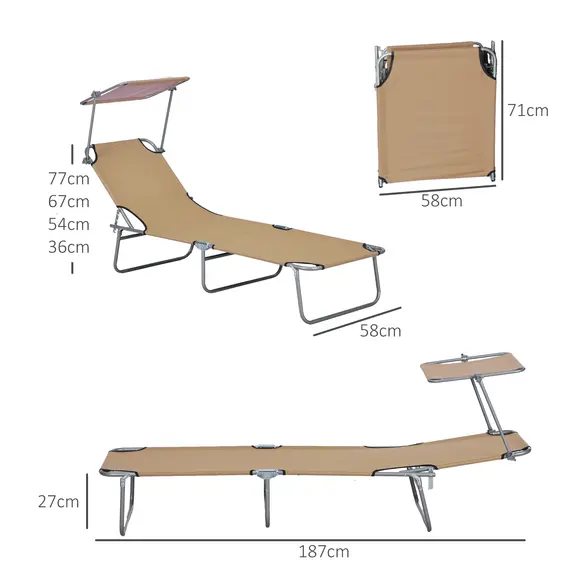 Buy Outsunny Sun Lounger, with Adjustable Face Canopy - Brown, 3 image