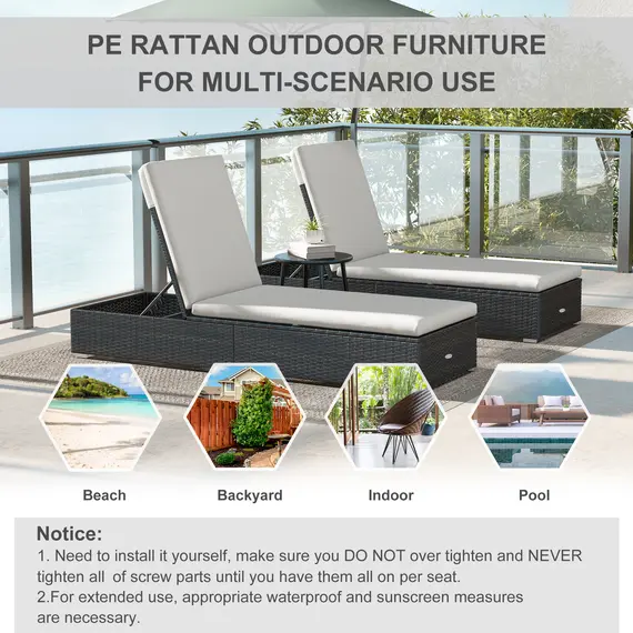 Buy Outsunny Set of Two Rattan Sun Loungers, with Reclining Backs - Brown/Cream, 6 image