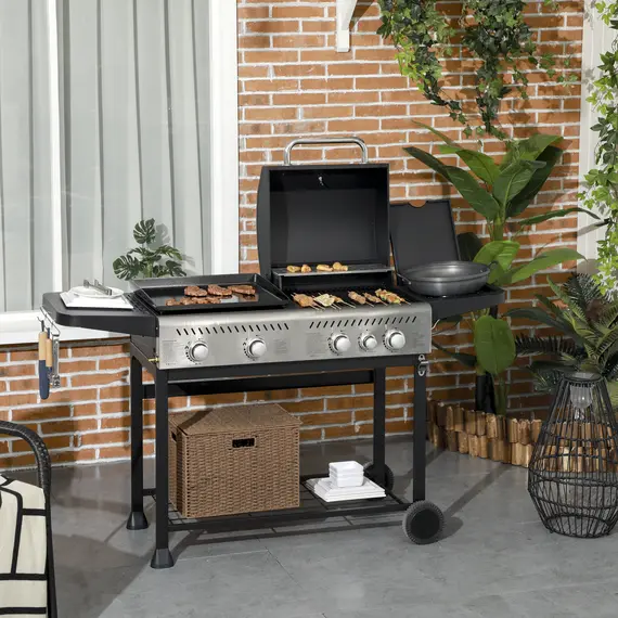 Buy Outsunny 12kW Deluxe Duo Gas BBQ, with Grill, Plancha and Side Burner - Black, 2 image