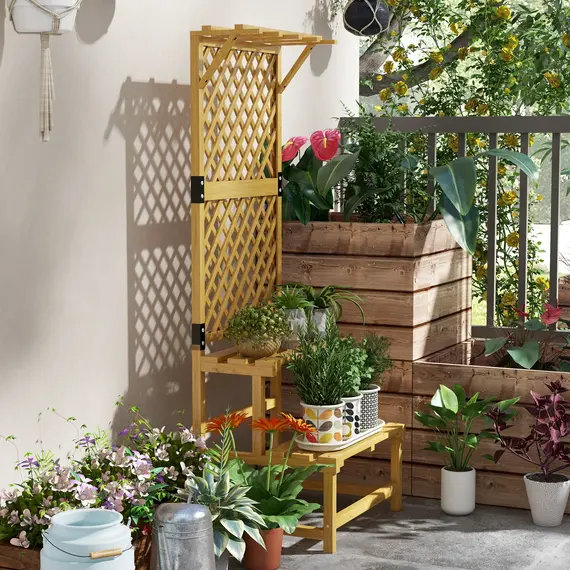 Buy Outsunny Wooden Plant Stand, with Trellis - Natural Finish, 7 image