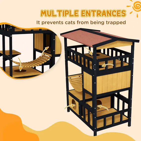 Buy Outdoor Cat Shelter, Four-Tier Wooden Feral Cat House, with Suspension Bridge, Cat Houses, Balcony, Escape Doors, 6 image
