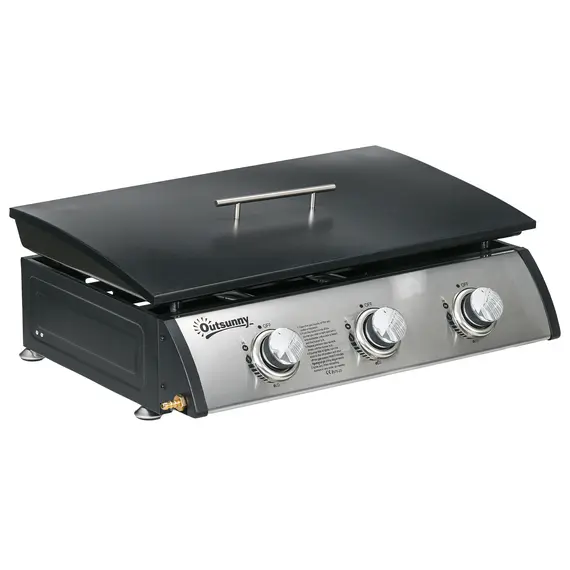 Buy 3 Burner Gas Plancha BBQ Grill with Lid, Black