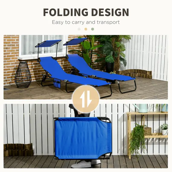 Buy Outsunny Set of Two Folding Sun Loungers, with Adjustable Backs and Sun Canopies - Blue, 5 image