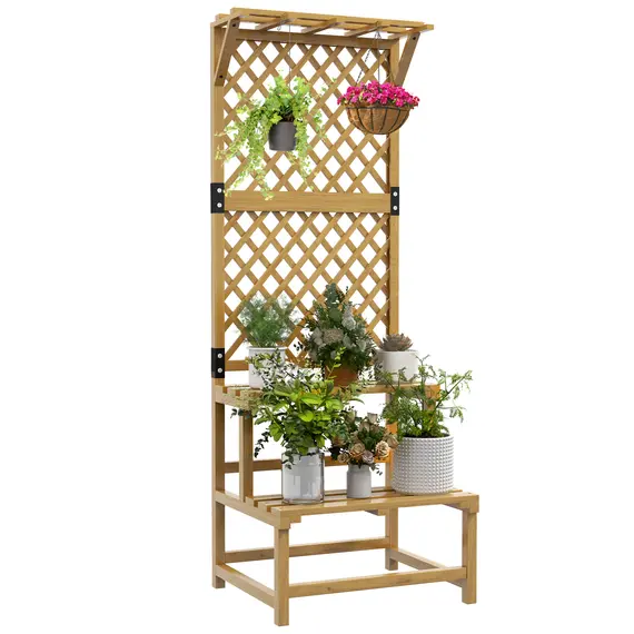 Buy Outsunny Wooden Plant Stand, with Trellis - Natural Finish