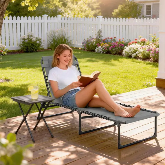 Buy Outsunny Folding Sun Lounger, with Four-Position Back - Light Grey, 2 image