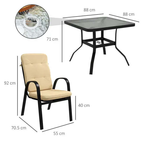 Buy Outsunny 5 Pieces Outdoor Square Garden Dining Set w/ Tempered Glass Dining Table 4 Cushioned Armchairs, Umbrella Hole, Beige, 3 image