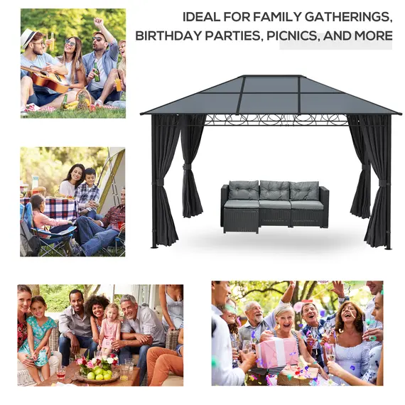 Buy Outsunny Hardtop Gazebo Garden Pavilion with UV Resistant Polycarbonate Roof, Curtains, Steel & Aluminium Frame, 3 x 4m, Grey, 7 image