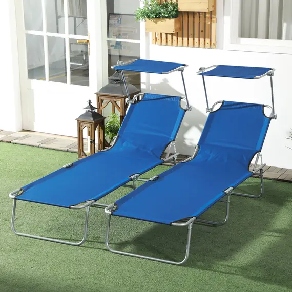Buy Outsunny Folding Sun Lounger Set of 2 with Canopy, Reclining Sunbed with 4-Position Adjustable Backrest, 600D Oxford Cloth, Portable Garden Lounger Recliner Chair for Beach, Camping, Patio, Blue, 2 image