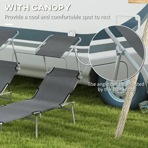 Buy Outsunny Folding Sun Lounger Set of 2 with Canopy, Reclining Sunbed with 4-Position Adjustable Backrest, 600D Oxford Cloth, Portable Garden Lounger Recliner Chair for Beach, Camping, Patio, Grey, 6 image