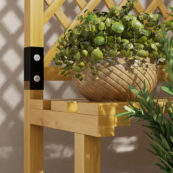 Buy Outsunny Wooden Plant Stand, with Trellis - Natural Finish, 8 image
