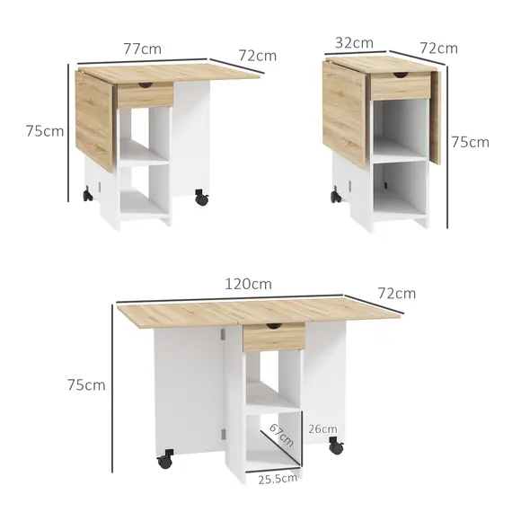 Buy Folding Dining Table, Drop Leaf Table for Small Spaces, Foldable Table with Drawer and Storage Shelves for Kitchen, Dining Room, Oak, 3 image