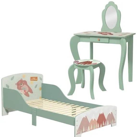Buy ZONEKIZ Toddler Bed Frame, Kids Dressing Table with Mirror and Stool, Cute Animal Design Kids Bedroom Furniture Set for Ages 3-6 Years, Green