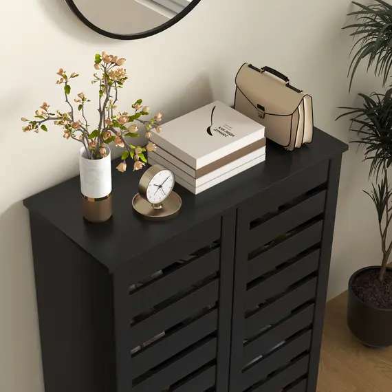 Buy Narrow Shoe Cabinet for Entryway, 5-Tier Slim Shoe Storage Cabinet with 2 Slatted Doors and Adjustable Shelves, 8 image
