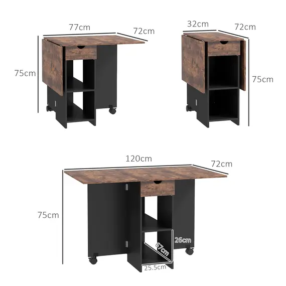 Buy Folding Dining Table, Drop Leaf Table for Small Spaces, Foldable Table with Drawer and Storage Shelves for Kitchen, Dining Room, Rustic Brown, 3 image
