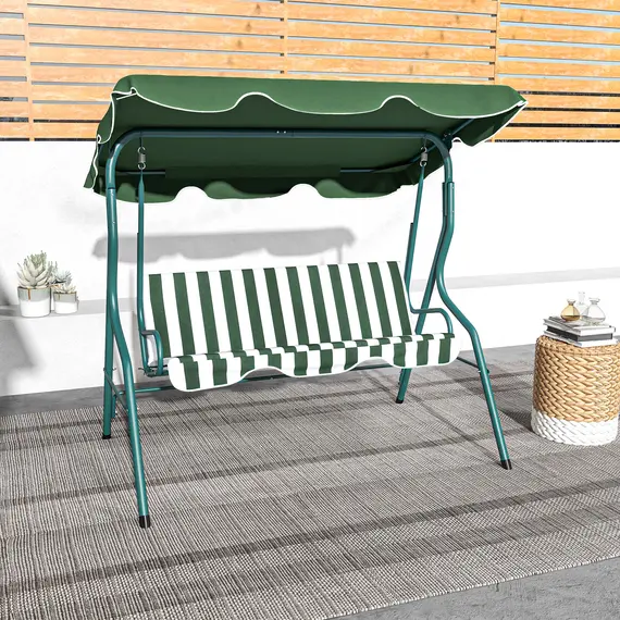 Buy 3 Seater Garden Swing Seat Chair Outdoor Bench with Adjustable Canopy and Metal Frame, Green Stripes, 7 image