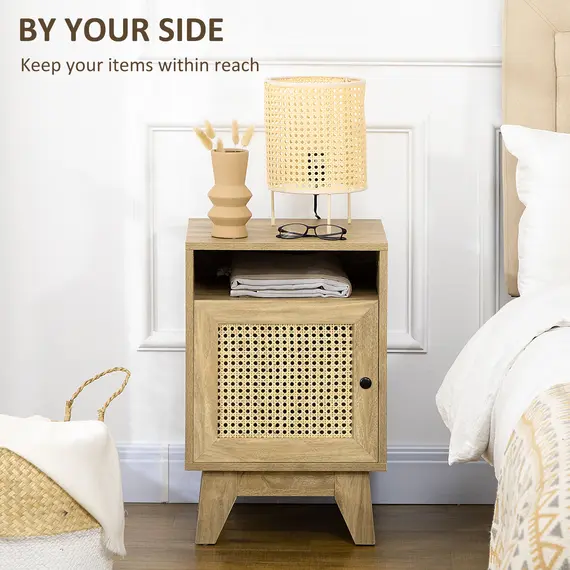 Buy 2-Piece Narrow Rattan Nightstands, Side End Table with Shelf and Cupboard, 39cm x 35cm x 60cm, Natural, 4 image