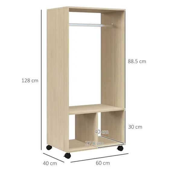 Buy Open Wardrobe on Wheels, Bedroom Wardrobe with Clothes Hanging Rail, 2 Storage Shelves, Mobile Garment Rack for Cloakroom, Hallway, Natural, 3 image