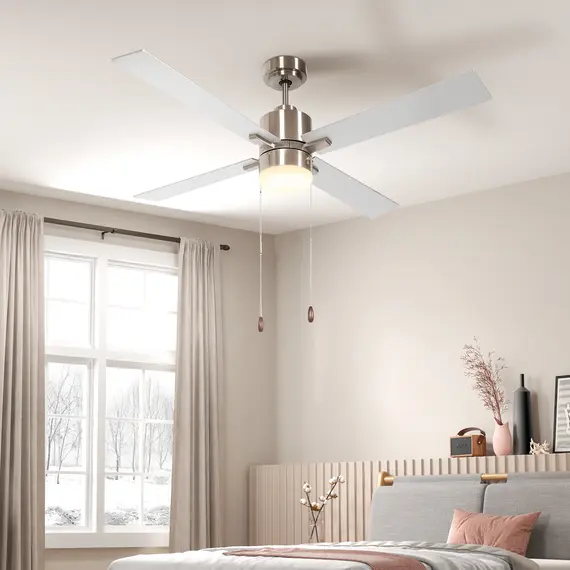 Buy Ceiling Fan with LED Light, Flush Mount Ceiling Fan Lights with Reversible Blades, Pull-chain, Silver and Natural Tone, 2 image