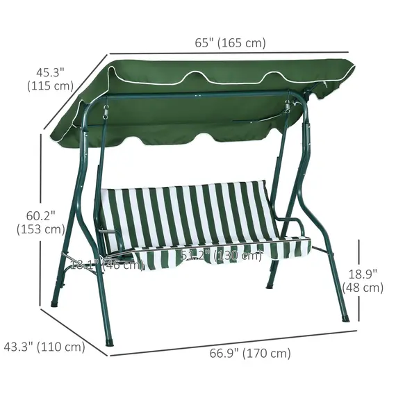 Buy 3 Seater Garden Swing Seat Chair Outdoor Bench with Adjustable Canopy and Metal Frame, Green Stripes, 3 image