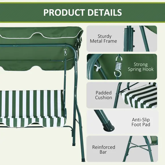 Buy 3 Seater Garden Swing Seat Chair Outdoor Bench with Adjustable Canopy and Metal Frame, Green Stripes, 5 image