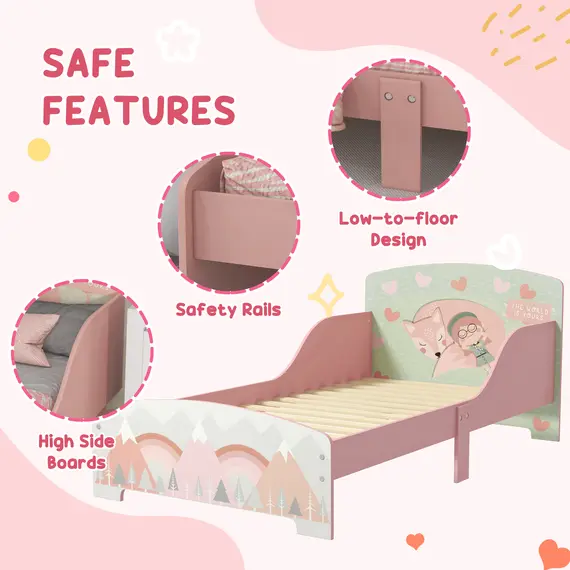 Buy ZONEKIZ Toddler Bed Frame, Kids Dressing Table with Mirror and Stool, Cute Animal Design Kids Bedroom Furniture Set for Ages 3-6 Years, Pink, 6 image
